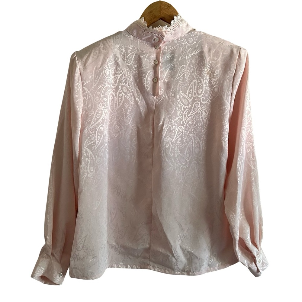Vtg 1980’s New Edition Pink Silky Secretary Victorian Paisley Lace Blouse Sz 14 - Picture 4 of 10